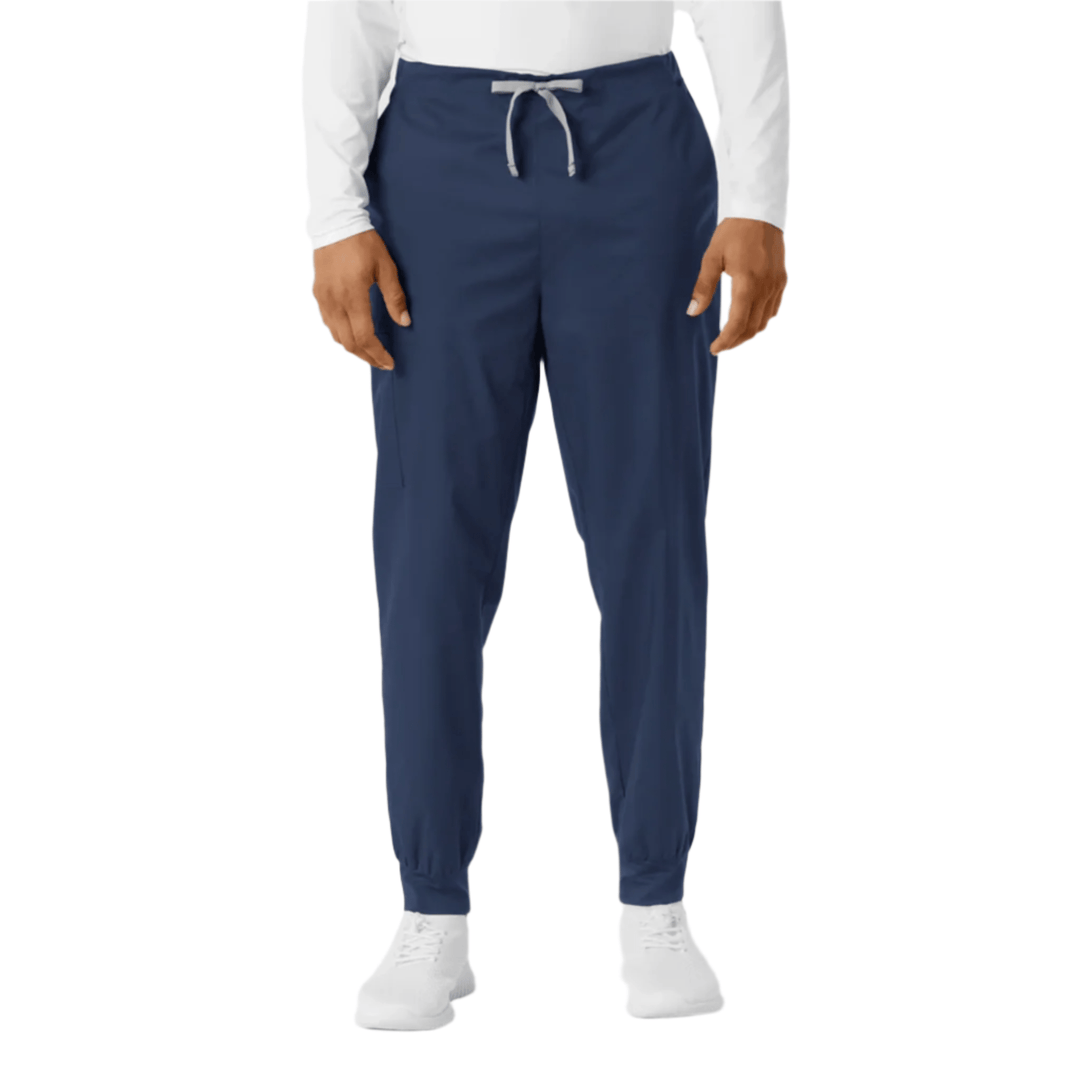 Navy jogger scrub pants with elastic cuffs and drawstring waist