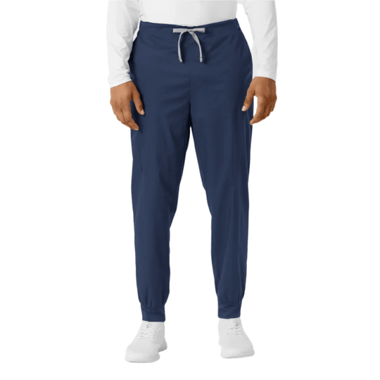 Navy jogger scrub pants with elastic cuffs and drawstring waist