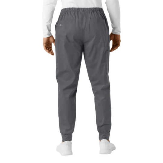 Gray elastic-waist scrub jogger pants with cargo pocket and tapered cuffs, shown from the back