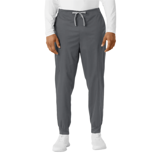 Gray drawstring jogger scrub pants with tapered legs and elastic cuffs