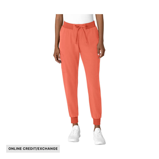 Coral jogger scrub pants with elastic waistband, drawstring, cargo pockets, and ribbed ankle cuffs; ONLINE CREDIT/EXCHANGE