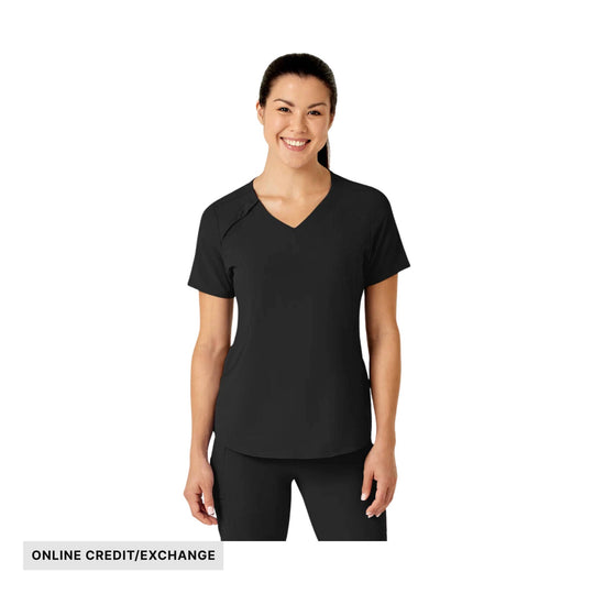 Black V-neck scrub top with short sleeves and side pockets, shown on a model