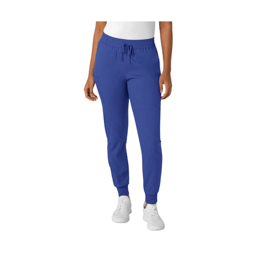 Blue women’s jogger scrub pants with elastic waistband, drawstring, and tapered cuffs