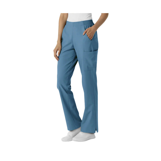 Blue women's scrub pants with cargo pockets and straight legs