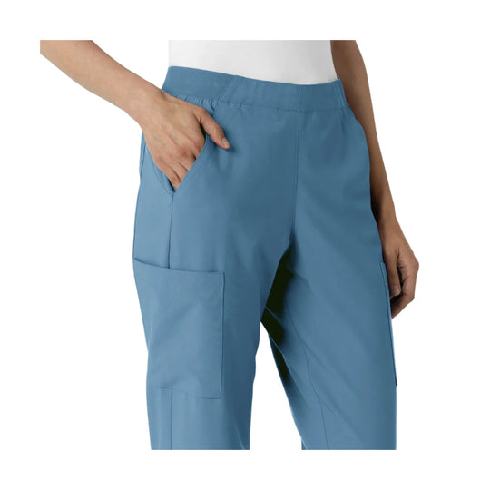 Blue high-waisted cargo scrub pants with side pocket and straight leg
