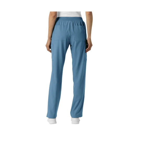Blue straight-leg scrub pants with cargo pockets, shown from the back