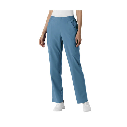 Blue straight-leg scrub pants with cargo pockets and white sneakers