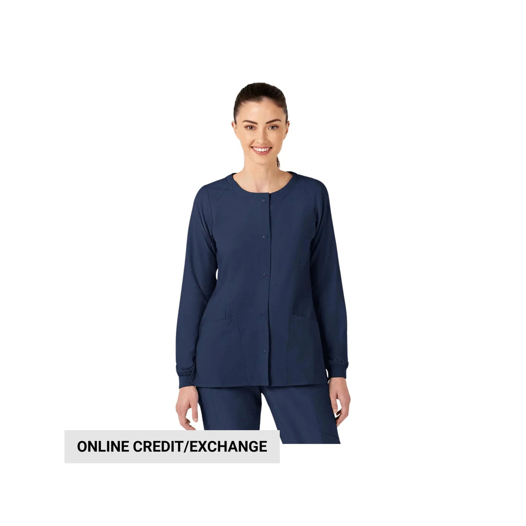 Navy button-front scrub jacket with long sleeves and front patch pockets