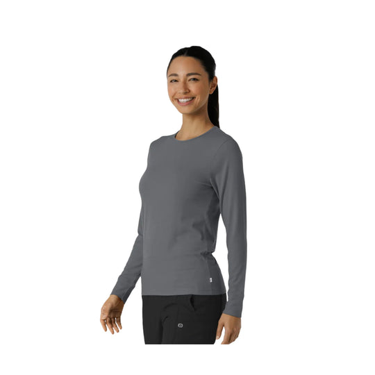 Gray long-sleeve crewneck top on a model, shown front view