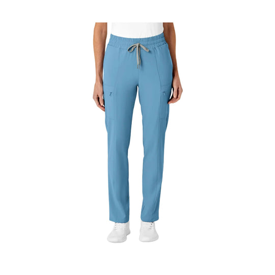 Light blue slim-leg scrub pants with an elastic waistband and drawstring
