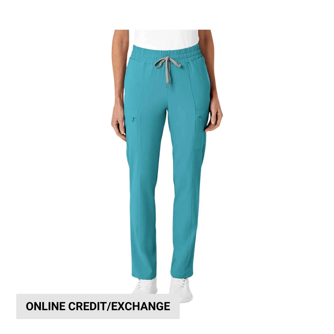 Teal slim-leg scrub pants with an elastic waistband, drawstring tie, and side cargo pockets