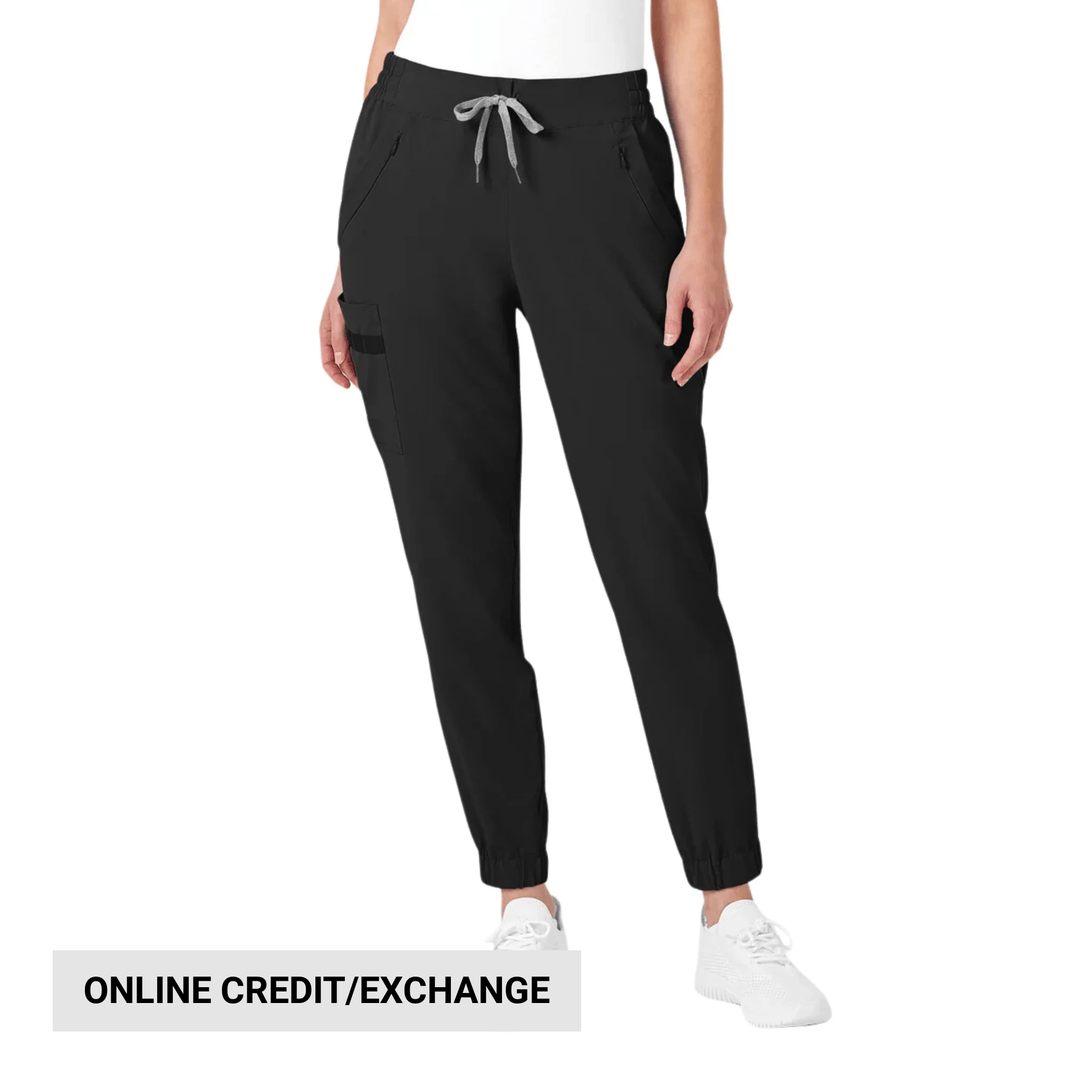 Black jogger pants with a drawstring waist, cargo pocket, and elastic ankle cuffs