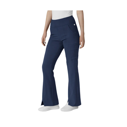 Navy high-waisted cargo scrub pants with flared legs and front patch pockets