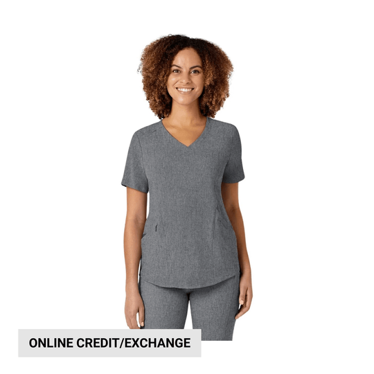 Gray V-neck scrub top with short sleeves and matching scrub pants on a model