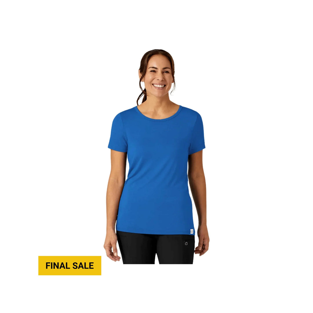 Blue short-sleeve crewneck tee on a model, with a yellow FINAL SALE label