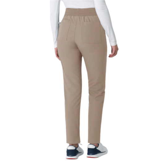 Beige slim-leg cargo scrub pants with back patch pockets