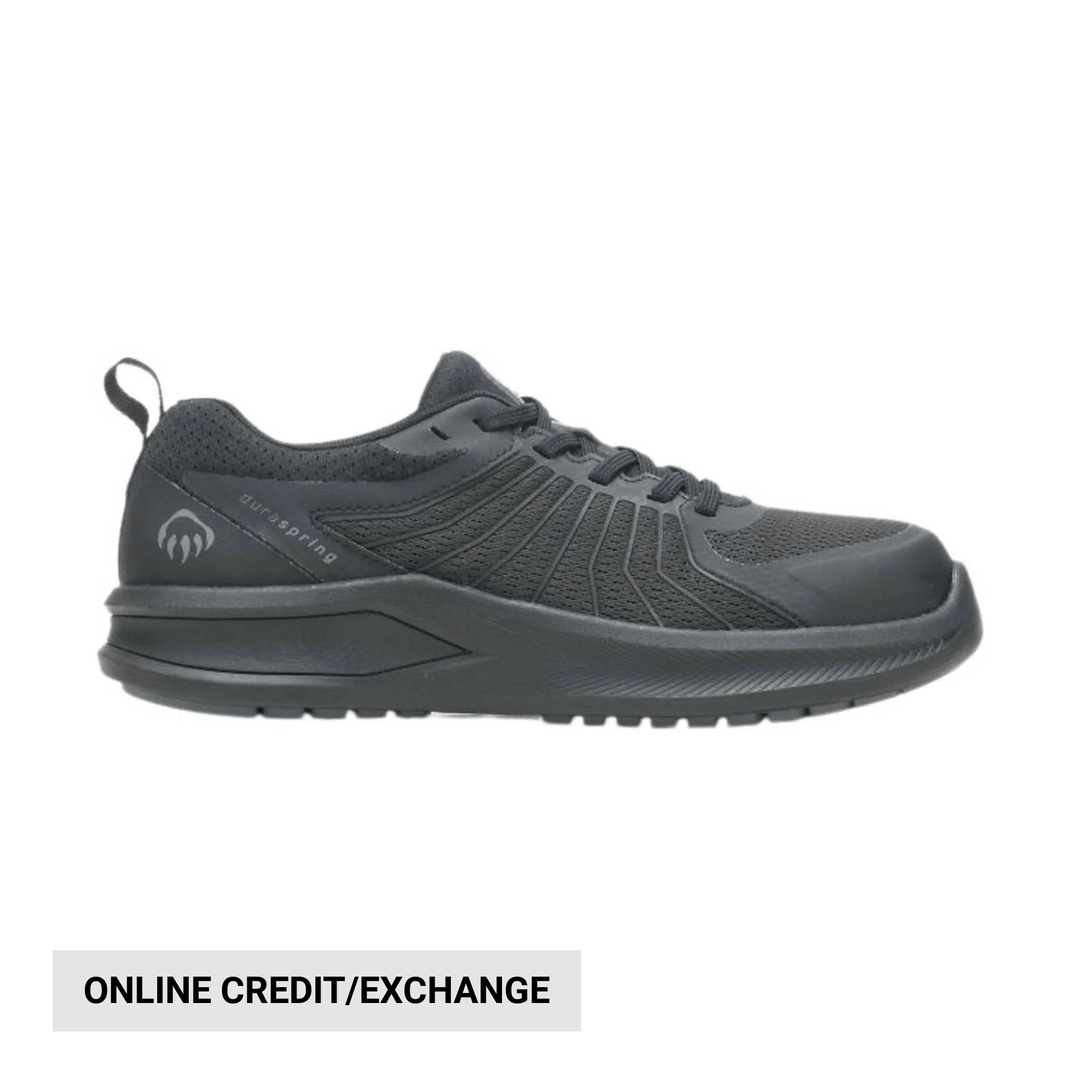 Black low-top work shoe shown in side profile with mesh upper, laces, and thick cushioned sole