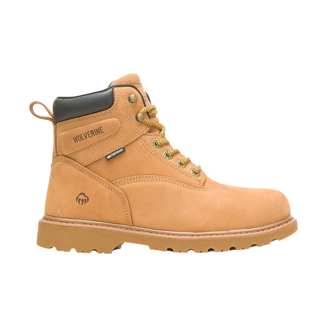 Tan leather work boot with black padded collar, yellow laces, and rugged sole, shown in side view