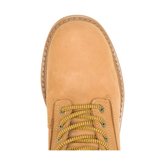 Tan leather work boot toe box with moc stitching and yellow-and-black laces