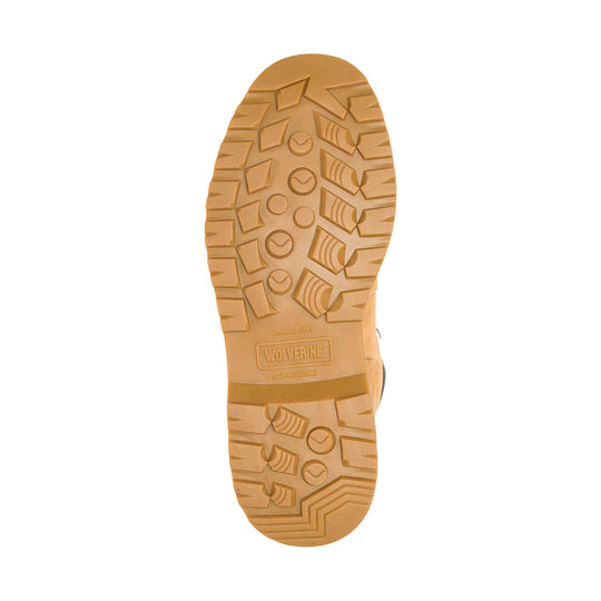 Tan boot outsole with rugged tread and Wolverine branding