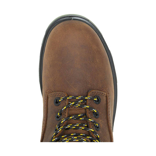 Brown leather lace-up work boot with black trim and yellow-speckled laces, top-down view