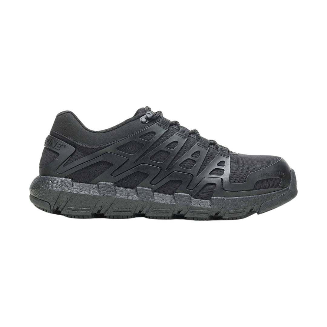 Black low-top work shoe with mesh upper, molded side overlays, and thick lugged sole