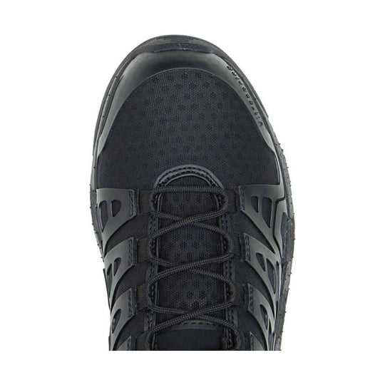 Black athletic shoe with mesh toe, rope laces, and angular side overlays, viewed from above