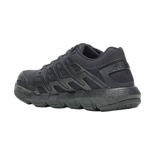 Black low-cut athletic work shoe with mesh upper, molded side overlays, and thick treaded sole