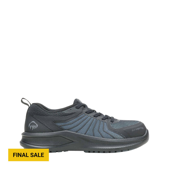 Black low-top work shoe with mesh panels, lace-up closure, and a thick cushioned sole