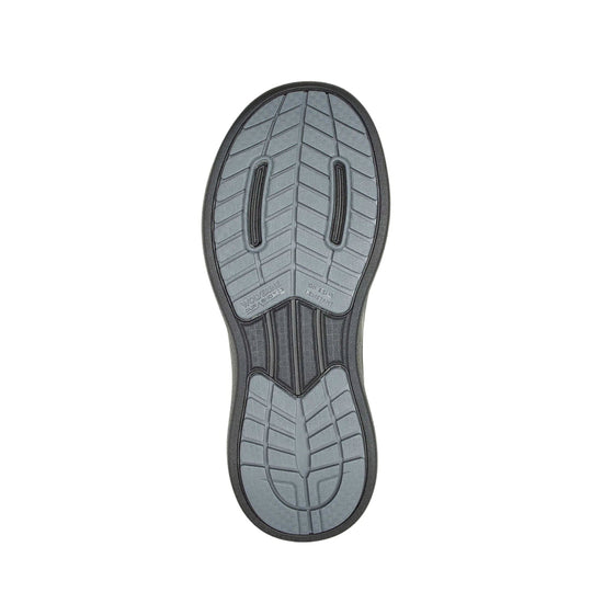 Gray and black work shoe outsole with tread pattern and cushioning grooves