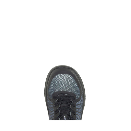 Black and gray athletic work shoe with mesh upper, black laces, and a rounded toe shown from above.