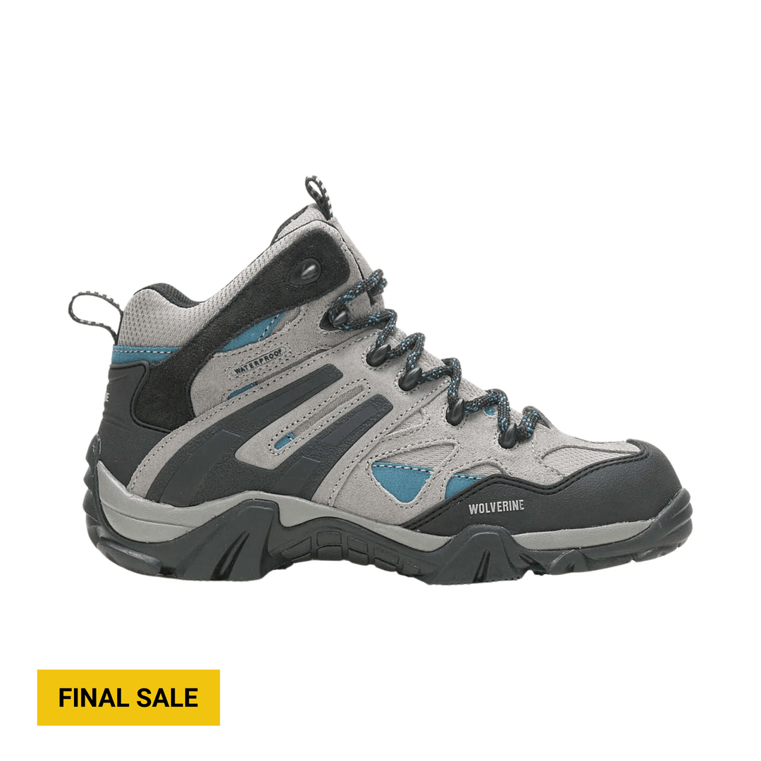 Grey and black waterproof hiking boot with blue accents and lug sole