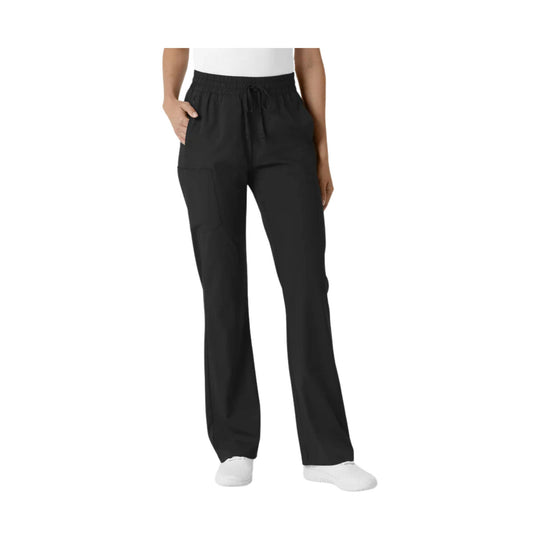 Black straight-leg scrub pants with elastic waistband, drawstring, and cargo pocket