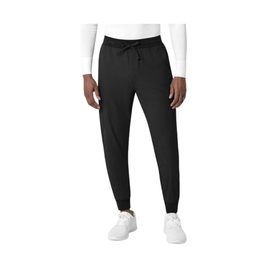 Black jogger-style pants with elastic waistband, drawstring, tapered legs, and ankle cuffs