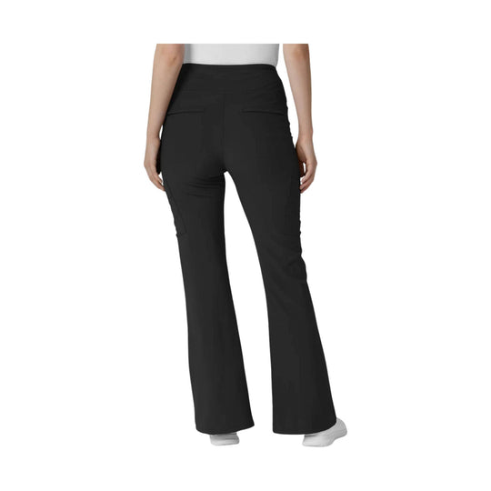 Black cargo scrub pants with flared legs, back view