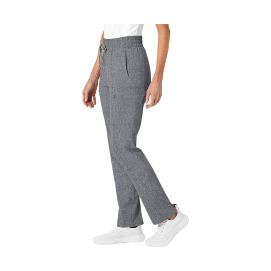 Grey heather pull-on straight-leg scrub pants with an elastic waistband and drawstring
