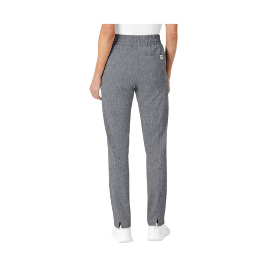 Gray heather slim-leg scrub pants shown from the back, with elastic waistband and ankle slits.