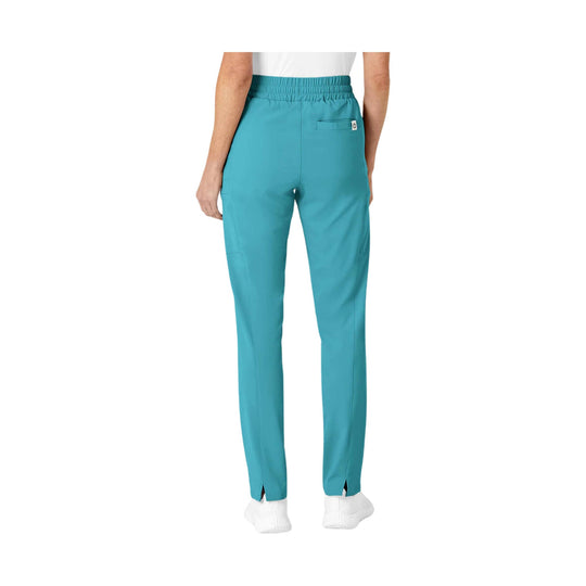 Teal slim-leg scrub pants with elastic waistband, back pocket, and ankle slits