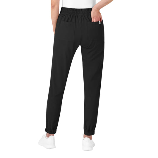 Black jogger pants with elastic waistband, back pockets, and tapered ankle cuffs, shown from the back