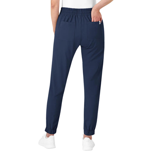 Navy jogger pants with elastic waistband, large patch pockets, and tapered ankle cuffs