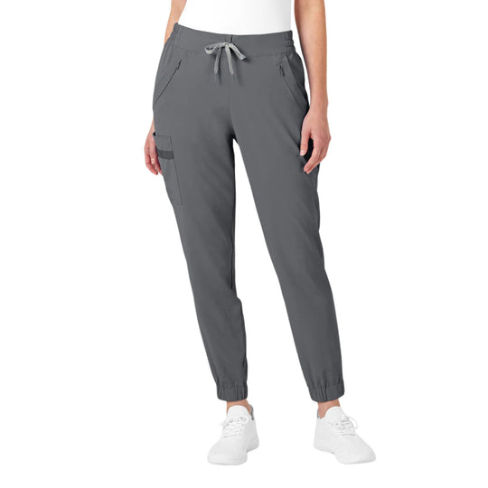 Gray women’s jogger scrub pants with drawstring waist, zip pockets, and tapered cuffs