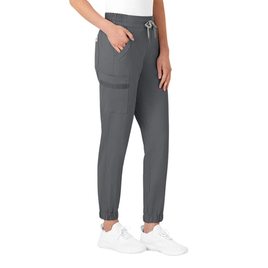 Gray jogger scrub pants with elastic waist, drawstring, cargo pocket, and cuffed ankles