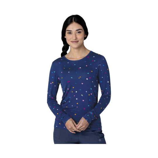 Navy long-sleeve knit tee with multicolored heart print