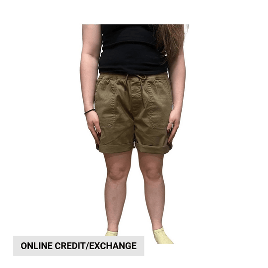 Khaki women’s cargo shorts with rolled hems and front patch pockets