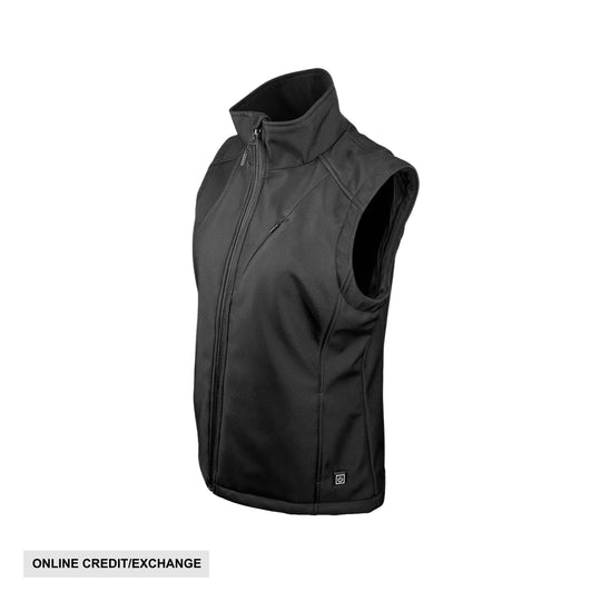 Black sleeveless zip-up vest with a stand collar and small power icon near the hem