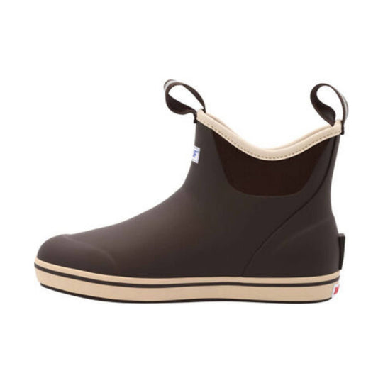 Brown rain boot with tan trim, pull loops, and a tan striped sole