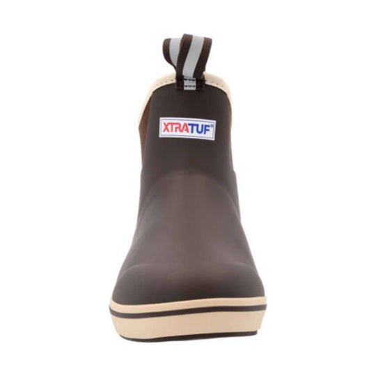 Brown pull-on rain boot with tan sole and striped pull tab