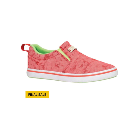 Coral slip-on deck shoe with white sole and green lining