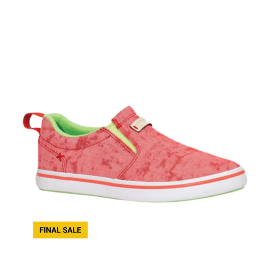 Coral slip-on deck shoe with white sole, green lining, and a strap over the instep