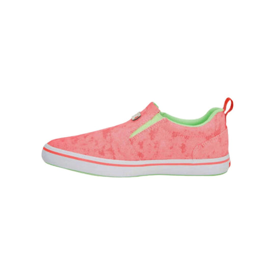 Coral slip-on deck shoe with green trim, white sole, and heel pull loop